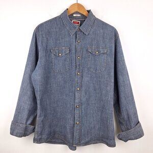 Wrangler Pearl Snap Shirt Indigo Denim Dark Wash Men's Size XL Long Sleeve Texas